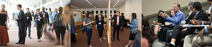 Triptych of scenes from a past Engineering Sustainability Conference, inclduing attendees massing to enter a session, poster session partiicipants share their research, and an attendee asks a question from a session audience.