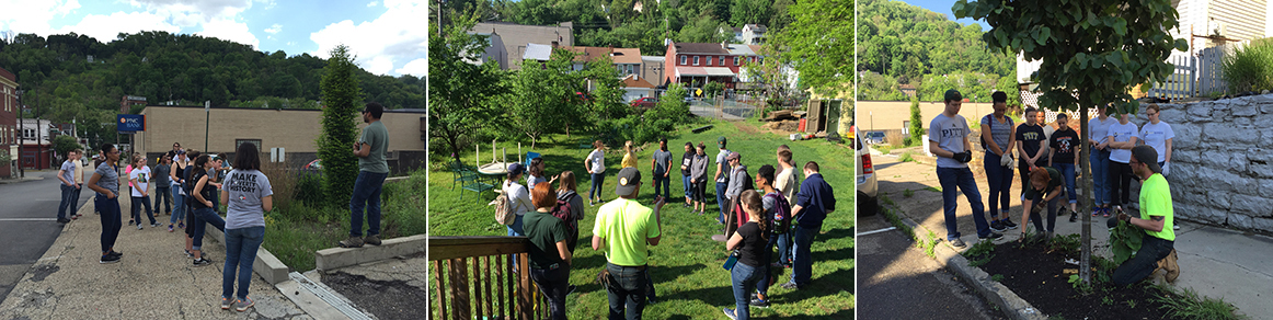 trio of photos showing students participating of cleanup of Millvale neighborhood