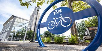 Pitt branded bike rack on campus