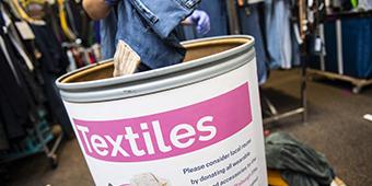 Bin for recycling textiles on campus