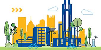 illustration showing the Cathedral of Learning and city of Pittsburgh skyline with green lifestyle choices like bikes and solar power stations
